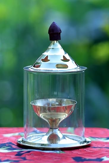 Brass and Glass akhand deep Diya with Cover for Puja