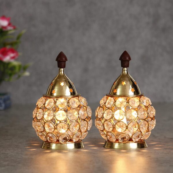 Set of 2 Golden Brass and Crystal Akhand Diya for Puja