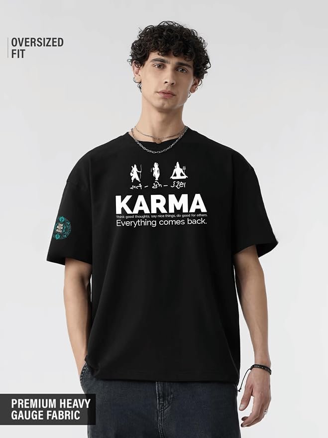 Men’s Black Oversized “Karma” Graphic T-Shirt | Spiritual Sanskrit Print