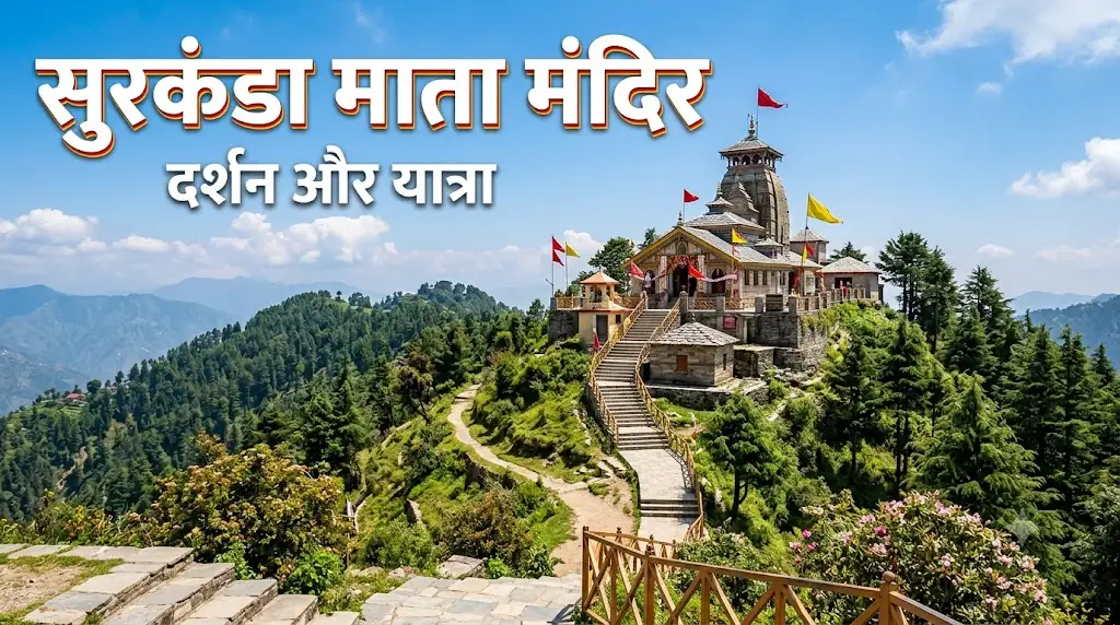 Surkanda Devi Temple located on a mountain peak in Uttarakhand with a blue sky background and Hindi title text "सुरकंडा माता मंदिर - दर्शन और यात्रा
