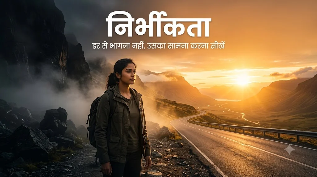 "निर्भीकता: डर से भागना नहीं, उसका सामना करना सीखें - उगते सूरज और खुले रास्ते की ओर देखती युवती का प्रेरक ब्लॉग बैनर"