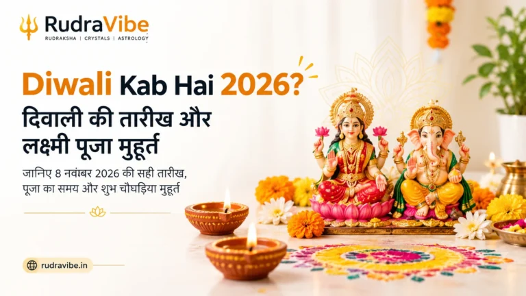 दिवाली 2026 की तारीख और लक्ष्मी गणेश पूजा के शुभ मुहूर्त का RudraVibe बैनर