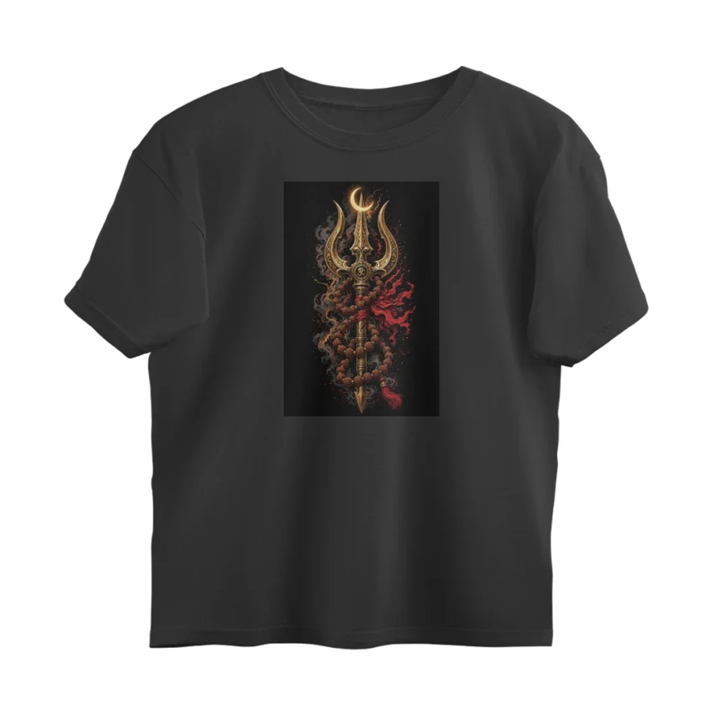Cosmic Trishul & Rudraksha Graphic Print T-Shirt – Lord Shiva Crescent Moon Spiritual Oversized Cotton Tee - Mockup
