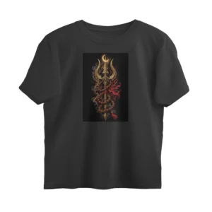 Cosmic Trishul & Rudraksha Graphic Print T-Shirt – Lord Shiva Crescent Moon Spiritual Oversized Cotton Tee - Mockup