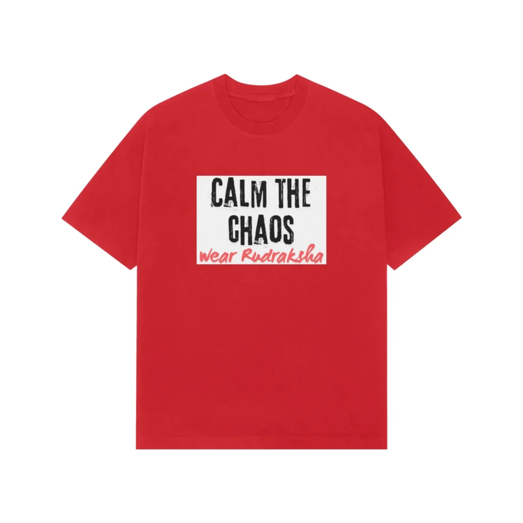 “Calm The Chaos Wear Rudraksha” Drop-Shoulder Graphic T-Shirt – Casual Spiritual Typography Tee - Mockup