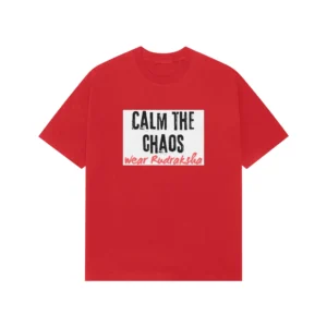 “Calm The Chaos Wear Rudraksha” Drop-Shoulder Graphic T-Shirt – Casual Spiritual Typography Tee - Mockup