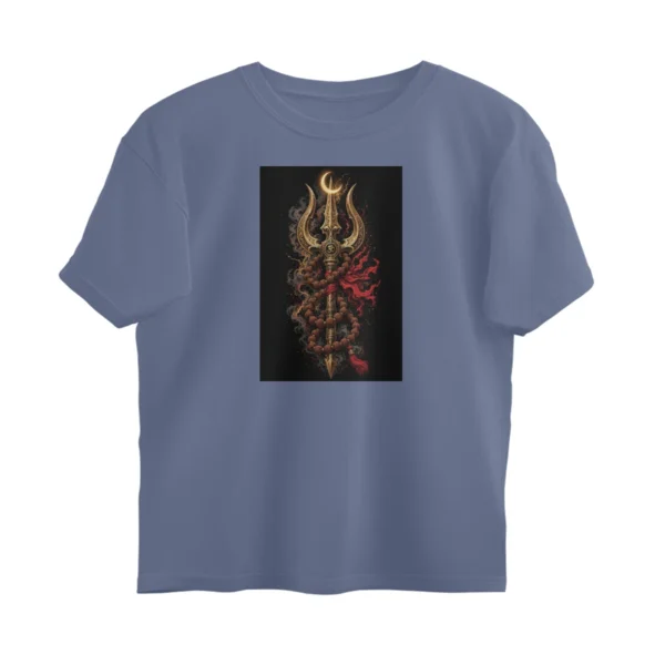 Cosmic Trishul & Rudraksha Graphic Print T-Shirt – Lord Shiva Crescent Moon Spiritual Oversized Cotton Tee